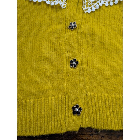 RARE Maeve Anthropologie Yellow Cardigan S Cropped Lace Collar Flower Button - Picture 5 of 13